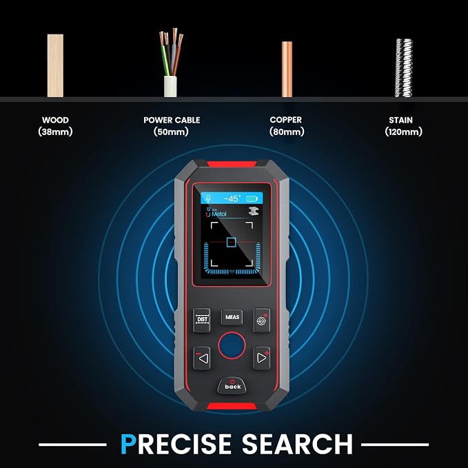 Stud Finder with 196ft Laser Measure, 3 in 1 Electric Wall Scanner Sensor with ±0.1° Digital Level Lithium Battery, LCD Studs Detector Audio Broadcast for Wood Magnetic Metal AC Wire Finding