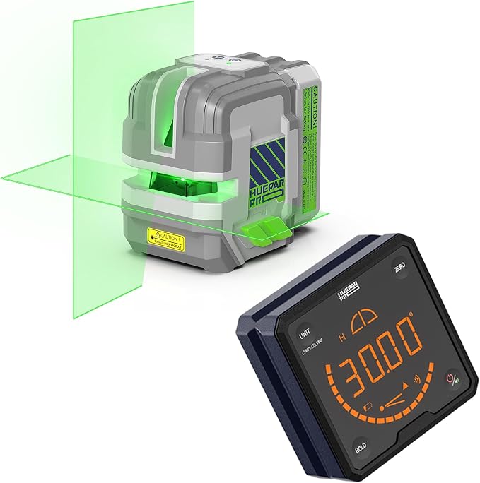 Huepar Pro Laser Level Rechargeable, Self Leveling Green Cross Line Laser Level Tool with Outdoor Pulse Mode, 18-Hour Long Runtime with Digital Angle Finder -GK011SG&DAG01