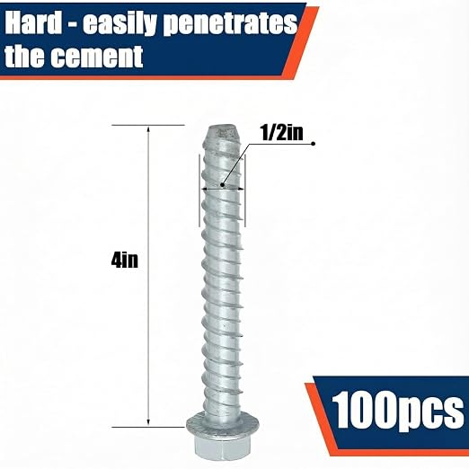 Tandefio 100 Pack 1/2" x 4" Concrete Screw Anchors Galvanized Large Diameter Heavy Duty Plated Concrete Anchors for Masonry Brick Anchoring Block Decking Framing Hex Drive