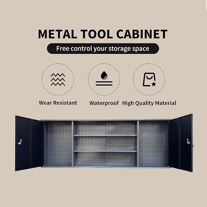 Large Wall Metal Tool Storage Cabinet with Lockable Doors and Removable Shelves for Garage Workshop Utility Room, Black & Grey