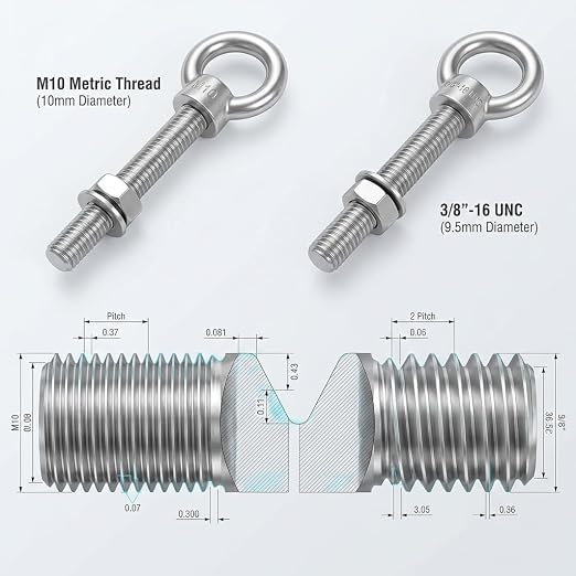 QWORK M10×100mm Stainless Steel Shoulder Eye Bolts – 20 Pack 3/8" x 4" Threaded Eyebolts, Metric Thread Anchors for Lifting, Rigging & Mounting