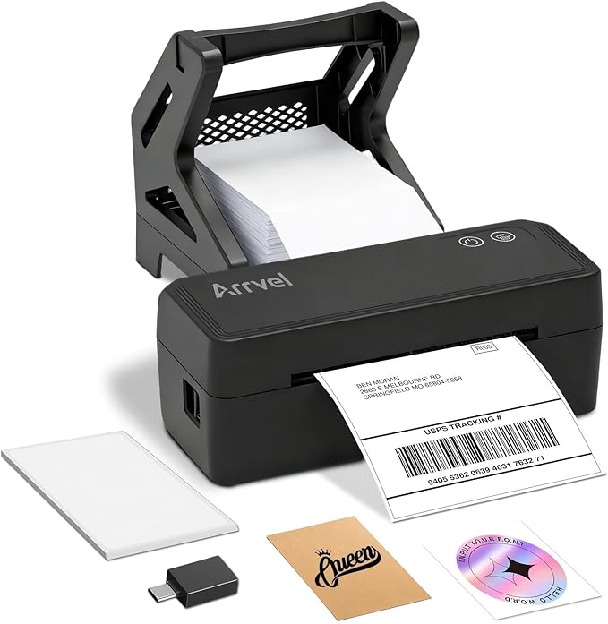 Bluetooth Thermal Label Printer with Stand, Wireless 4x6 Shipping Label Printer for Small Business, Inkless Print for USPS Amazon Etsy Shopify, Support iPhone Android Windows Mac (Black)