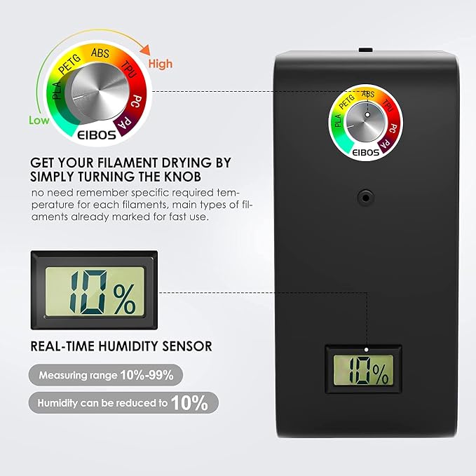 【EIBOS Official】 3D Printer Filament Dryer Easdry Box with Fan, Adjustable Temperature, Humidity Control & Spool Holder, Compatible with 1.75mm 2.85mm 3.00mm Nylon, PLA, ABS