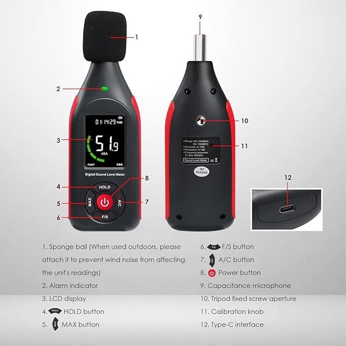 Decibel Meter Data Logger, Digital Sound Level Meter with Recording, dB Meter 30~130dB, 31,000 Data, 3Color Light Alarm, USB Rechargeable SPL Meter for Home, Classroom, Office, Neighbor, Industrial