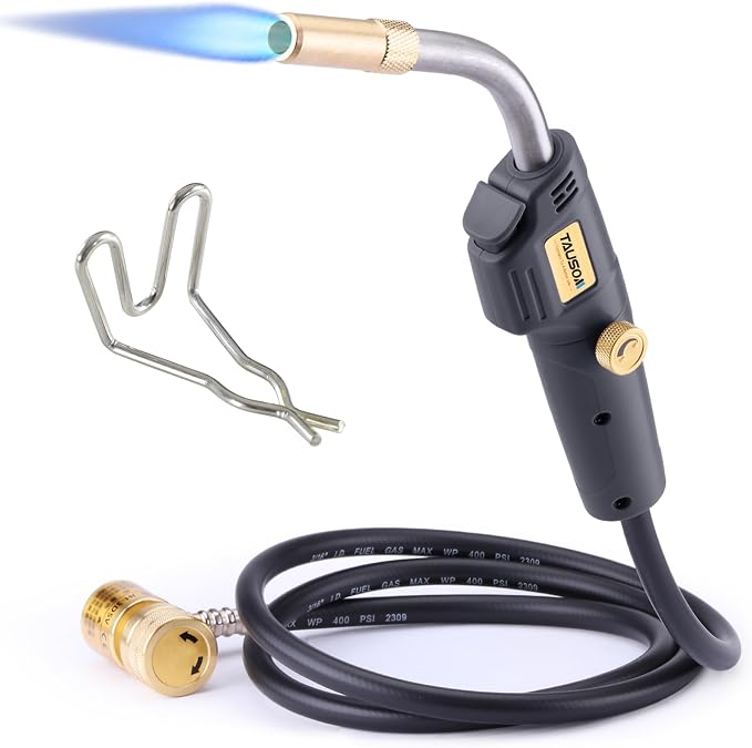 Propane Torch Kit with 4.9-Ft Hose, Adjustable Flame for HVAC | Brass Blow Torch Head 2527°F, Propane & MAPP Gas Compatible, Self-Igniting for Easy Startup
