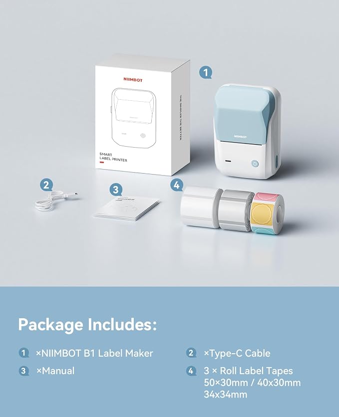 NIIMBOT 2Inch Label Maker Machine with 3 Tape, B1 Portable Sticker Printer for Small Businesses, Clothing, Logo, Jar, Address, Compatible with Phones & PC, Blue White