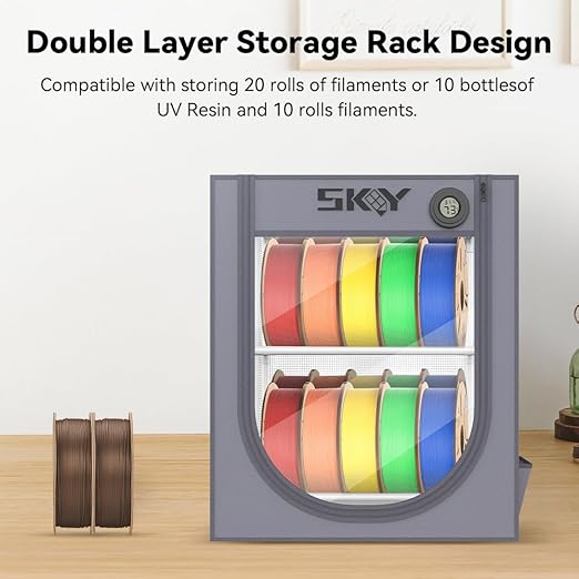 3D Printer Filament Storage Box with Thermo-Hygrometer - 2 Tiers Metal Filament Storage Rack with Cloth Cover,- 3D Filament Holder for Home, Office Workshop, Studio 20 Rolls - Grey
