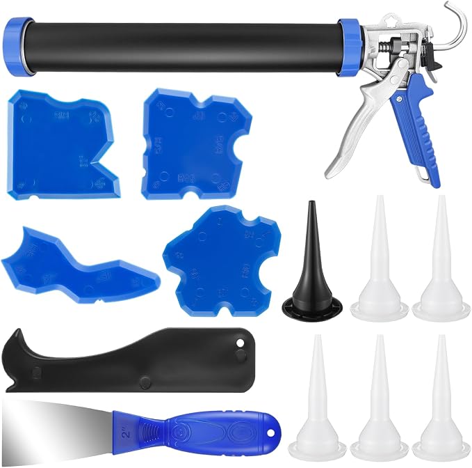 Lasnten Sausage Caulk Gun Kit 600ml/20oz Heavy Duty Silicone Sausage Gun Thrust Ratio 25: 1no-drip Rotating Aluminum Tube Body and Caulking Tools, Sealant Grout Scraper for Kitchen Bathroom Sink Joint