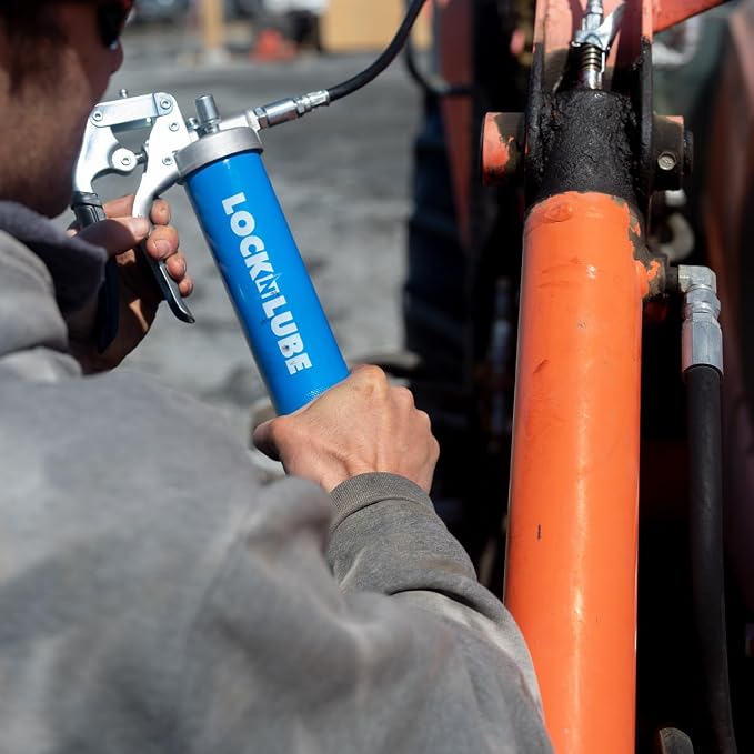 LockNLube Heavy-Duty Pistol Grip Grease Gun with our patented LockNLube® Locking Grease Coupler, 20" Hose, Inline Swivel, Rated 10,000 PSI