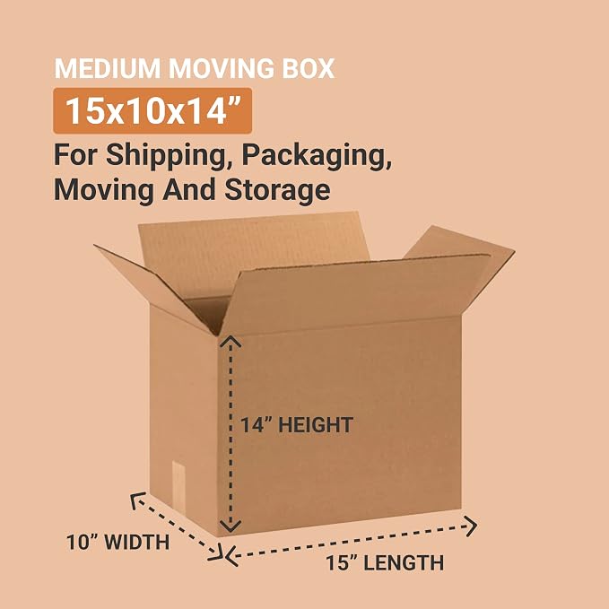 BOX USA 151014 Corrugated Cardboard Box 15" L x 10" W x 14" H, Kraft, For Shipping, Packing and Moving (Pack of 25)