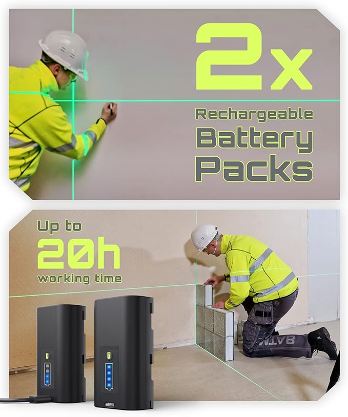 LasGoo LG-3D Laser Level Self Leveling 3x360°, 3D Green Beam Cross Line Laser for Construction and Picture Hanging, 2 Rechargeable Batteries (20 Hrs), Magnetic Liftable Stand Included, Green