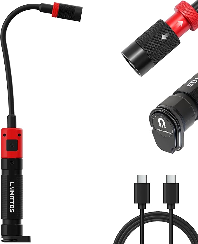 Magnetic Flashlight with Flexible Gooseneck, Rechargeable Work Light LED Zoomable Lens Flashlight, Mechanic Light for Work Bench, Auto-Repairing, Inspection, Emergency