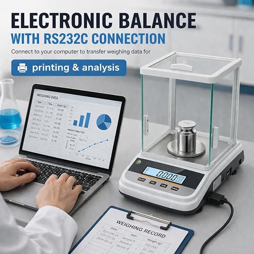 Lab Analytical Balance 500g x 0.001g Precision Digital Scale, with Windshield and RS232 Interface, for Scientific Laboratories, Research, Industrial, Kitchen, Food, Jewelry, 19 Units, 500g Weight