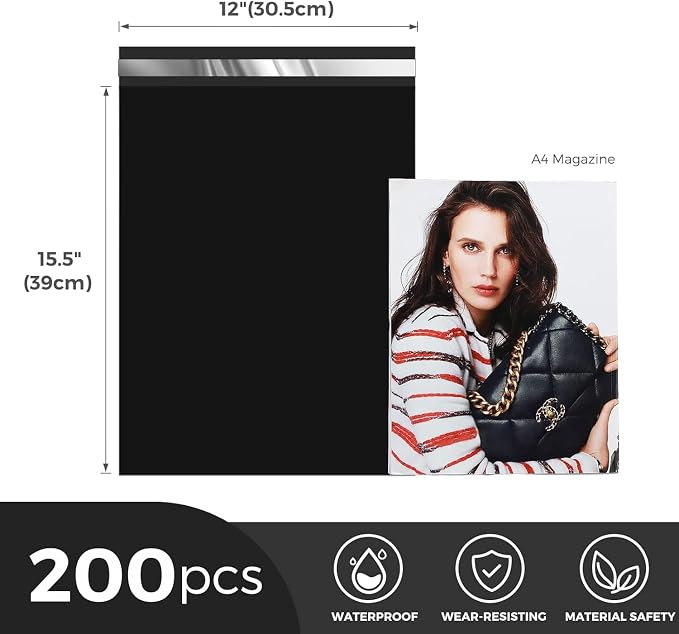 Metronic Poly Mailers 12X15.5 200 Pack, Strong Adhesive Shipping Bags for Clothing, Waterproof and Tear-Proof Shipping Envelopes, Mailers Poly Bags Packaging Bags for Business in Black