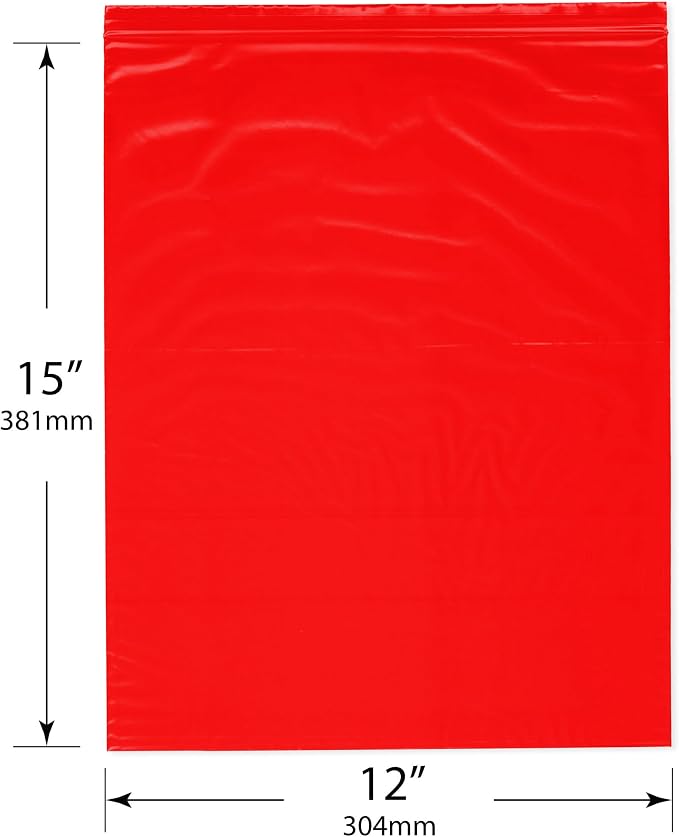 Plymor 12" x 15" (Pack of 100), Red 2 Mil Zipper Reclosable Plastic Bags