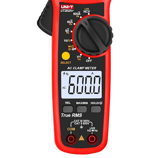 UNI-T Digital Clamp Meter UT202A+, AC Current TRMS HVAC Volt Amp Ohm Meter Clamp On Multimeter Auto Ranging 6000 Counts AC DC Voltage Frequency Resistance Capacitance Continuity Diode Live Wire Tester