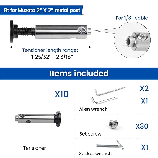 [Patent] Muzata 10 Pack 1/8" Black Swageless Invisible Cable Railing Kit Hardware Swageless Fittings Tensioner Hidden for 2"x2" Metal Post T316 Stainless Steel Deck Cable Railing System CB04