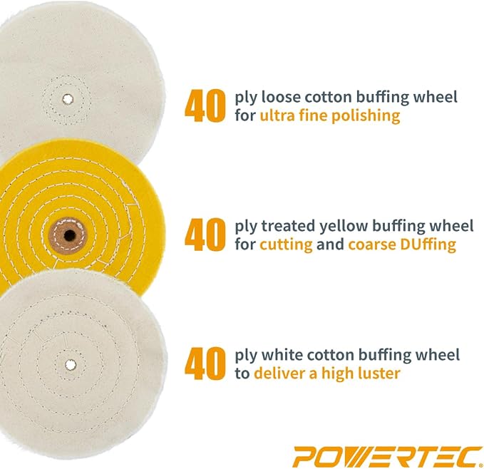 POWERTEC 6-Inch Bench Buffer Jewelry Polisher - Includes 5PCs 80Ply Buffing Wheels + 3PCs Polishing Compound Set | Benchtop Buffing Machine for Metal, Jewelry, Knives, Wood, Jade, and Plastic (BF601D)