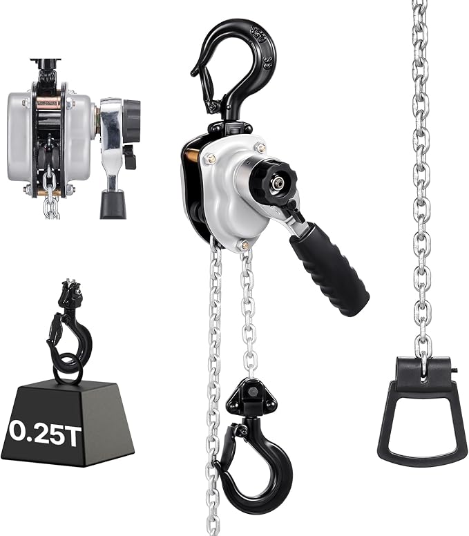 VEVOR Manual Lever Chain Hoist, 1/4T 550LBS Capacity Heavy Duty Come Along, 5FT Lift G80 Alloy Steel Chain with Dual Pawl Mechanical Brake,360°Rotating Hooks, for Warehouse Construction Garage