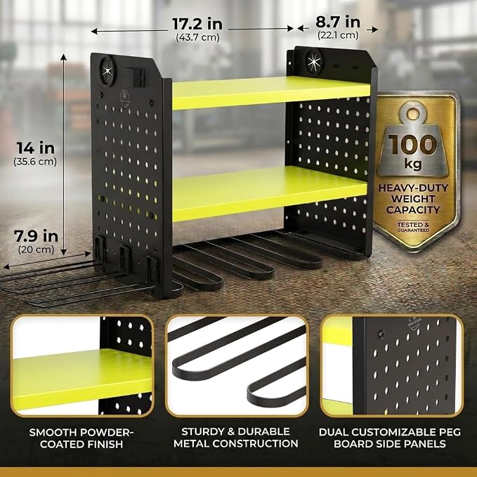 BUILTSTRONG Power Tool Organizer Wall Mount – 3-Tier Heavy-Duty Steel Rack, 6 Drill Slots, Dual Pegboard Sides, Side-by-Side Modular, 100 lb Capacity – Garage & Workshop (Green)