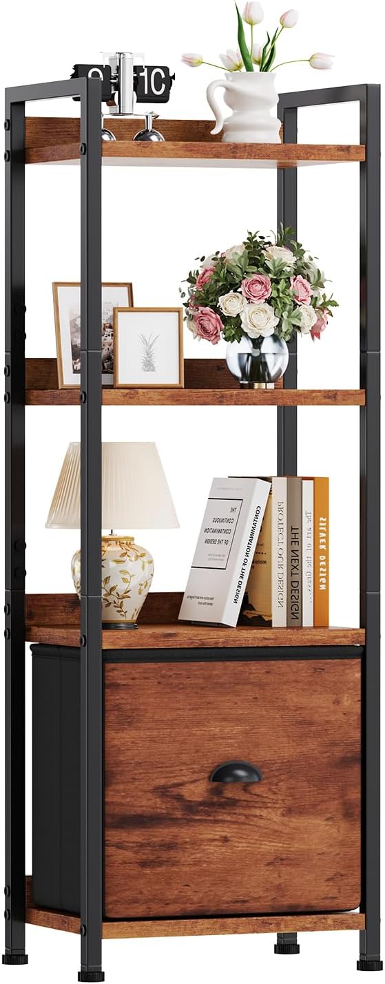 DUMOS 4 Tier Bookshelf with Fabric Drawer, Industrial Bookcase, Narrow Display Standing Shelf, Wood and Metal Storage Shelf Organizer in Bedroom, Living Room, Brown