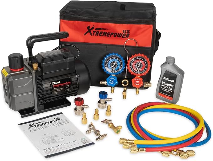 XtremepowerUS 1/3 HP 3.5CFM Single Stage A/C Vacuum Pump and AC Manifold Gauge Kit, for R32, R134a R22 R410a Systems, HVAC Air Conditioning Refrigeration Recharging Can Tap