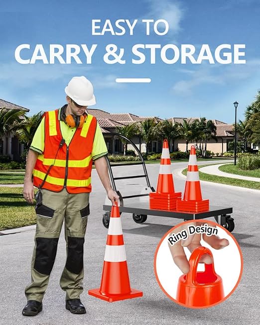 BATTIFE 6 Pack 28 Inch Traffic Safety Cones with Reflective Collars, Heavy Duty Orange Parking Cones for Road Construction and Traffic Control