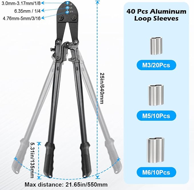 Wire Rope Crimping Tool, 25 Inch Heavy Duty Hand Swaging Tool with 40Pcs Aluminum Loop Sleeves, 3 Cavity Cable Crimping Tool for 1/8" to 1/4" Aluminum Oval Sleeves, Double Sleeves