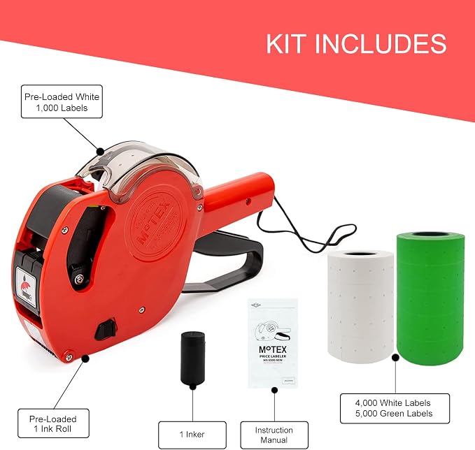 Motex Genuine MX-5500NEW 1 Line 8 Digits Price Tag Gun Kit - Includes 10,000 Blank Labels (White + Green) and 1 Pre-Loaded Inker with 1 Ink Refill - for Grocery Store, Retail Shop, Garage Sale