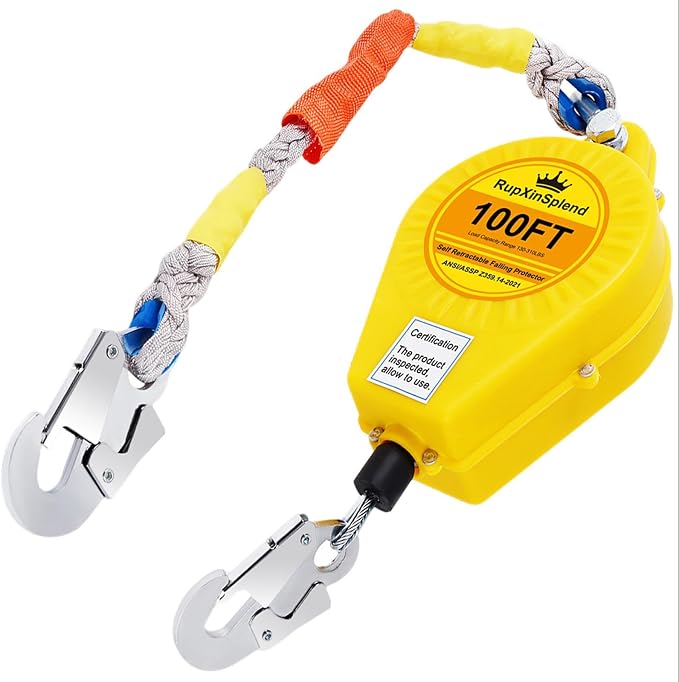 Fall Arrester Protector Self Retractable 100FT Fall Protection Gear Double Locking, Dual PPE+Alloy Steel housing Heavy Duty Lifeline Safety Lanyard Rope Cable Wire Roofing Construction