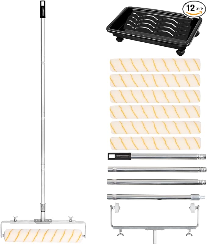 12 Pcs 18 Inch Paint Roller Kit,12-18" Adjustable Roller Frame,Large Paint Roller with Tray,1-5 Ft Steel Pole Paint Roller Set,18" Paint Roller Sleeves 23.6'' Paint Roller Tray for Wall Ceiling
