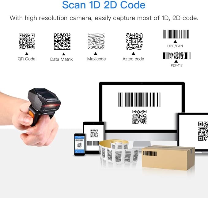 Eyoyo 2D Finger Ring Barcode Scanner, Mini Wearable 3-in-1 USB Wired & 2.4G Wireless & Bluetooth Scanner, Image 1D QR Bar Code Reader PDF417 Data Matrix Screen Scan Compatible with iPad, Phone, PC
