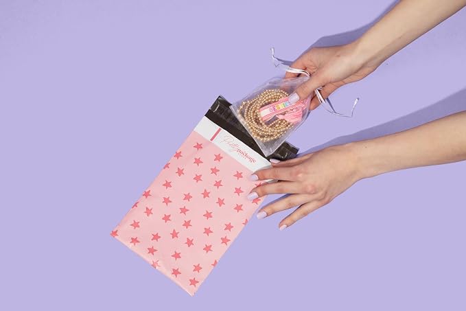 Pretty Package Store Poly Mailer 6x9, Pink Seeing Stars, 100 Pack | Heavy Duty, Waterproof, Self Seal, Tear Resistant, Shipping Bags for Small Business Packaging, Bulk Mailing Envelopes
