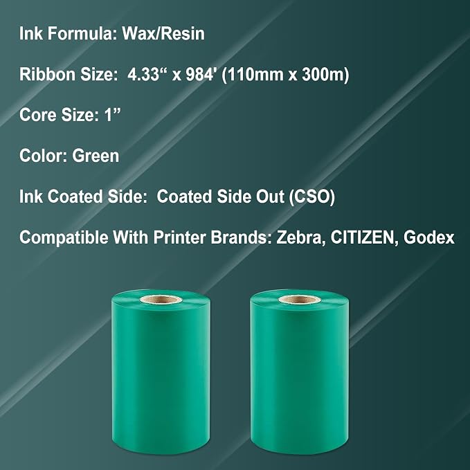 2 Rolls 4.33" x 984'(110mm x 300m) Green, Wax/Resin Thermal Transfer Ribbon, Core 1", Ink Outside, Barcode Ribbon Compatible with Zebra Printer