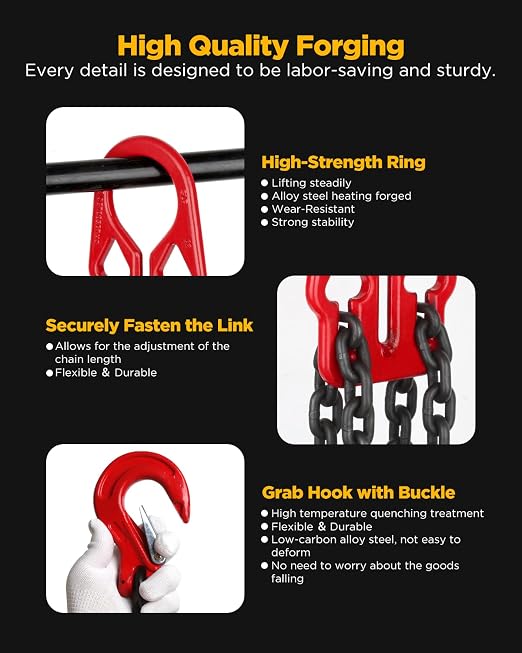 Heavy Duty Lifting Chain with Adjustable Hooks, 5/16" x 10 Ft, 7000 lbs WLL | Dual-Leg Chain Sling Design • Black Industrial Electroplating • Balanced Load Distribution • Secure Latch Hook Design