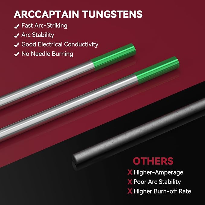 ARCCAPTAIN TIG Welding Tungsten Electrode 10-Pack 1/8" x 7"(Green - Pure Tungsten, WP, EWP)