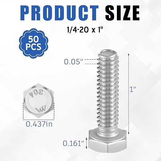 Zonon 50 Pcs 1/4-20 x 1 Hex Head Screw Bolt 18-8 (304) Stainless Steel Hexagon Bolts, Fully Threaded, Plain Finish, External Hex Drive (Silver)