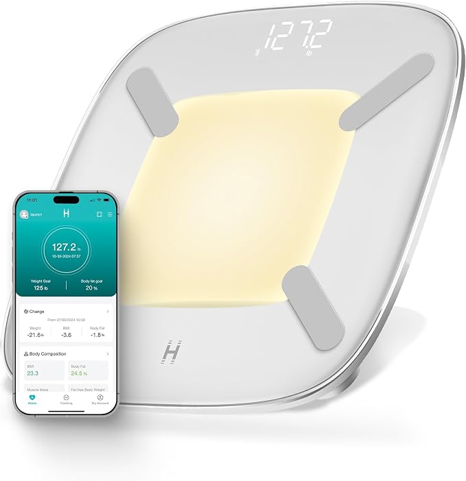 Homedics Digital Smart Scale, Motion-Sensing LED Display, 13 Body Metrics Analysis, Bluetooth Sync, Multi-User Recognition, High-Precision Weight Measurement Up to 400 lbs, White