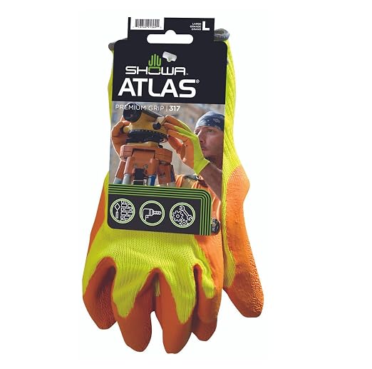 SHOWA Atlas 317 Original 1994 Crinkle Grip Work Gloves, Natural Latex Palm, Heavy Duty 10-Gauge for Construction, Landscaping, Gardening, & Masonry, Hi-Vis Yellow, X-Large, 1-Pair
