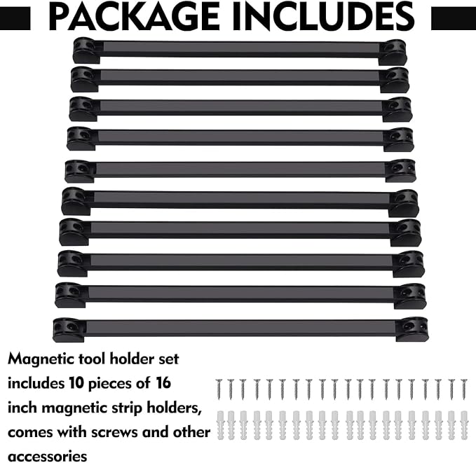 16" Magnetic Tool Holder, 10 Packs Magnetic Storage Strips Magnet Bar PVC Coated for Garage Tool Organizer Mounted Hanging Strip,Heavy Duty of Holder Easy to Install