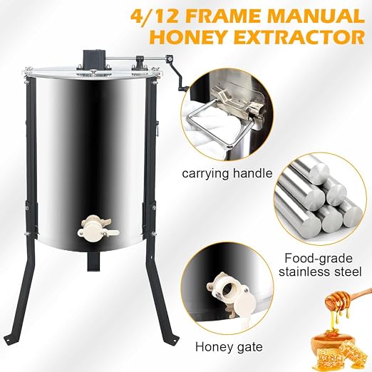 Honey Lake 4/12 Frame Manual Honey Extractor, Food Grade Stainless Steel Honeycomb Drum Spinner with Transparent Lid, Beekeeping Equipment for Honey Extraction with Height Adjustable Stand