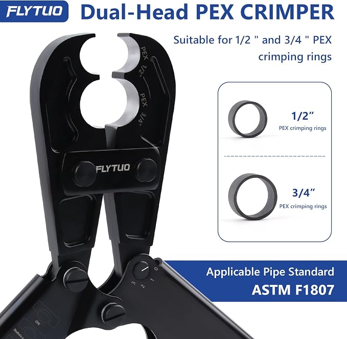 1/2" & 3/4" Combo PEX Crimping Tool for Copper Crimp Rings | with Go/No-Go Gauge, ASTM F1807 Standard Compliant
