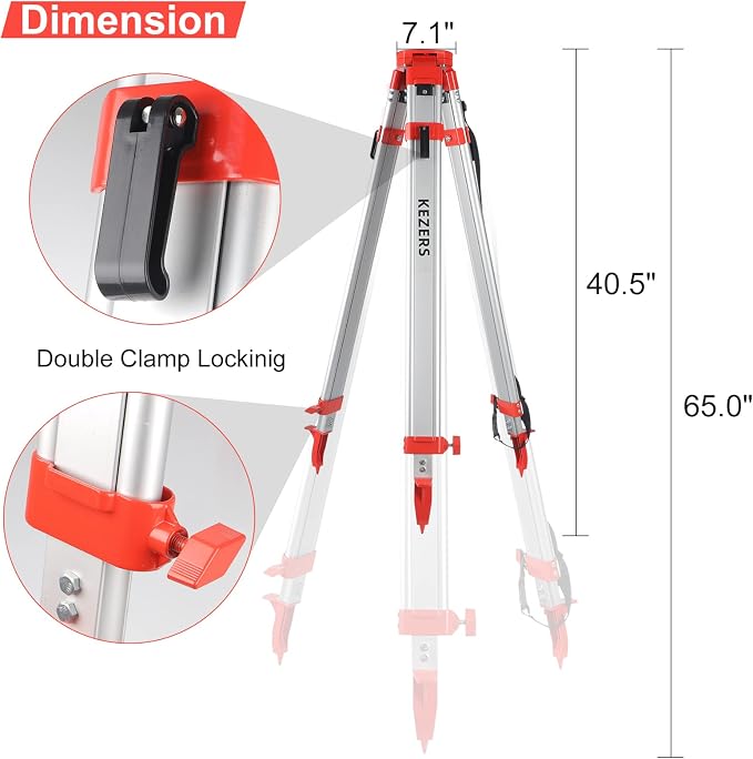 KEZERS Aluminum Surveying Tripod, Heavy Duty Transit Level Tripod with Quick Clamp, 5/8"-11 Threaded Flat Tripod for Automatic Optical Level