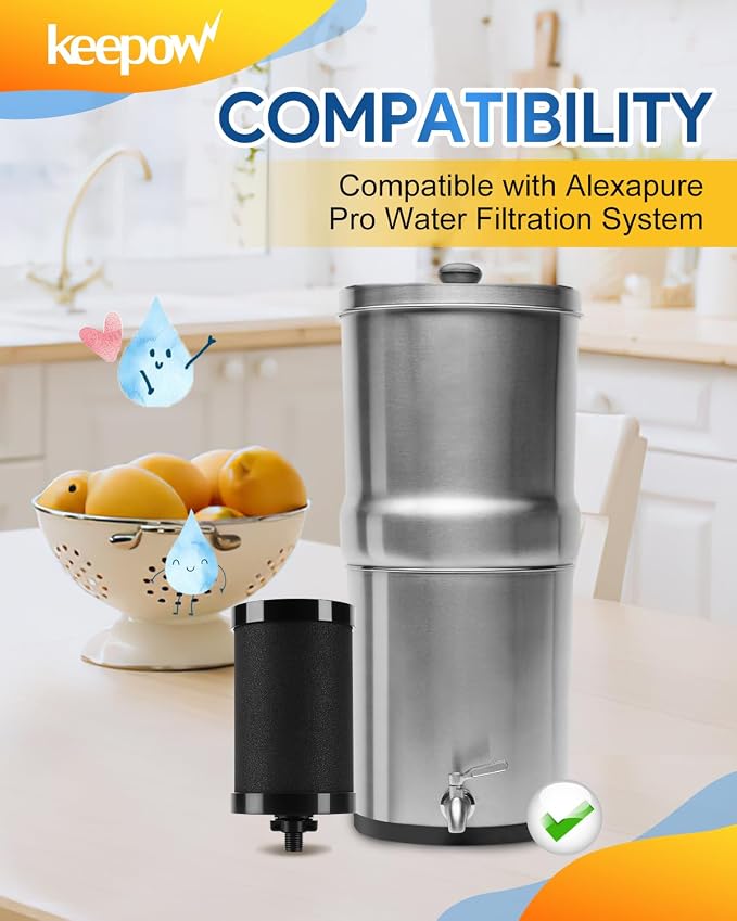 KEEPOW 2387 Pro Water Filter Replacement Compatible with Alexapure Water Filtration System, Reduces Chlorine, Black, 4 Pack