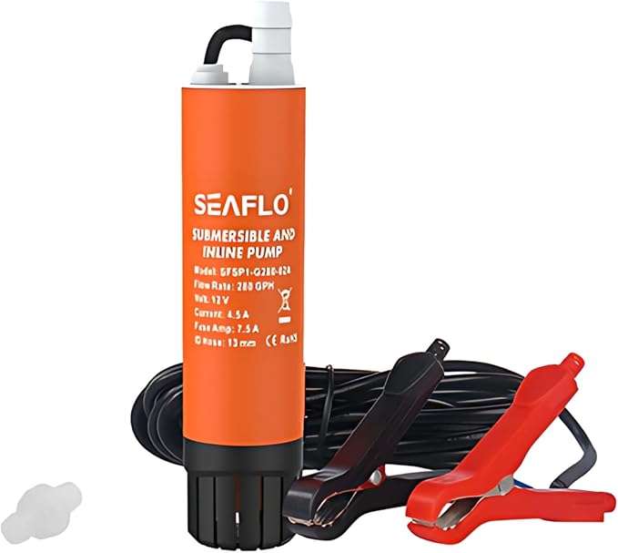 SEAFLO 280 GPH Submersible Inline Pump - 12V, Portable Transfer Pump for Diesel/Fresh Seawater, 23 ft Head, 16 ft Leads with Clips, 1/2 in Outlet, Marine RV, 4 Year Warranty