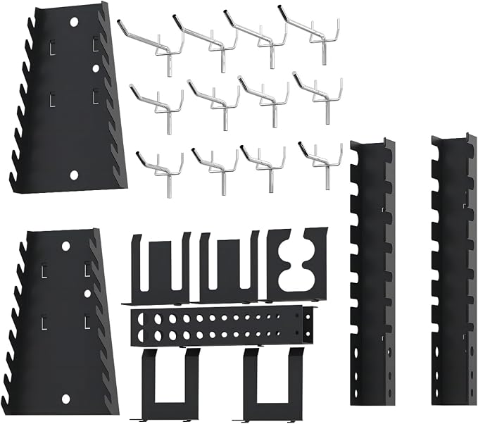 JZD Metal Garage Storage Cabinets Wall Mount with 2 Removable Shelves, Two Lockable Doors, and 22 Hooks for Tool Organization, Black & Grey