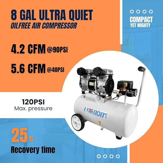 Portable Quiet Air Compressor, 8-Gallon Aluminum Tank, 68 dB | Rustproof, Lightweight at 37.5 lb with Dual Air Intakes for Efficient DIY, Home Workshop and Garage Applications