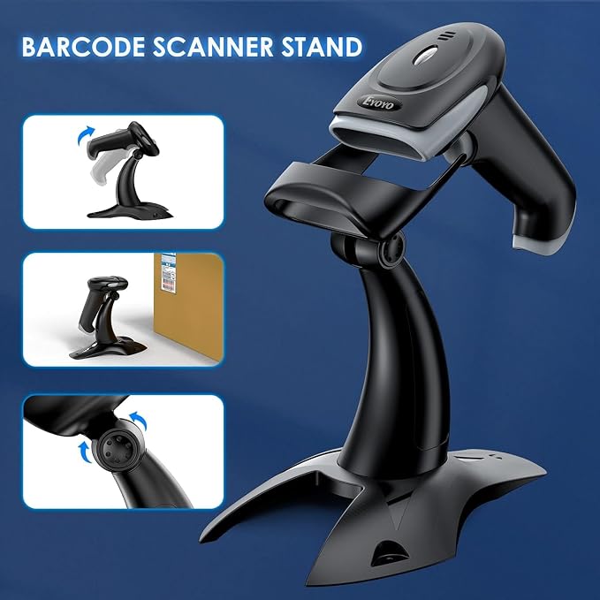 Eyoyo 2D 1D Wireless Barcode Scanner with Stand, 3-in-1 Barcode Reader 2.4G Wireless & Bluetooth & Wired USB Connection, Handheld QR Scanner Compatible with iPhone, Mac, Android, Store, Warehouse...