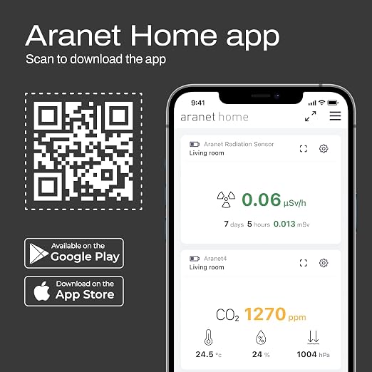 SAF Aranet Radiation Detector, Dosimeter, Portable, Measures Dose Rate & Total Dose of Ionizing Radiation, E-Ink Display, 4-Year Battery Life, Bluetooth Connection, Free App with Graphics & Alarm
