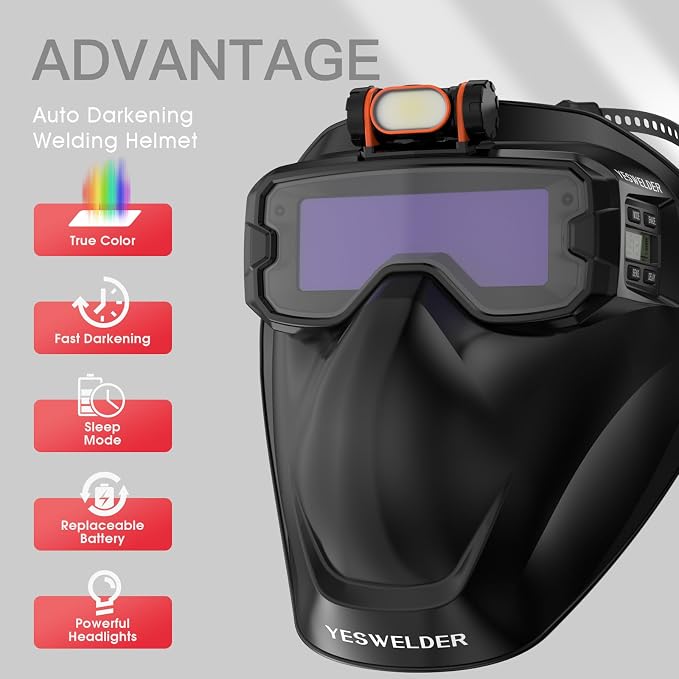 YESWELDER Auto Darkening Welding Goggles Kit with Mask, LED Lighting, True Color 2 Arc Sensors Wide Shade 3/5-9/9-13 Welding Glasses Welding Helmet for TIG, MIG, ARC, CUT and Grind